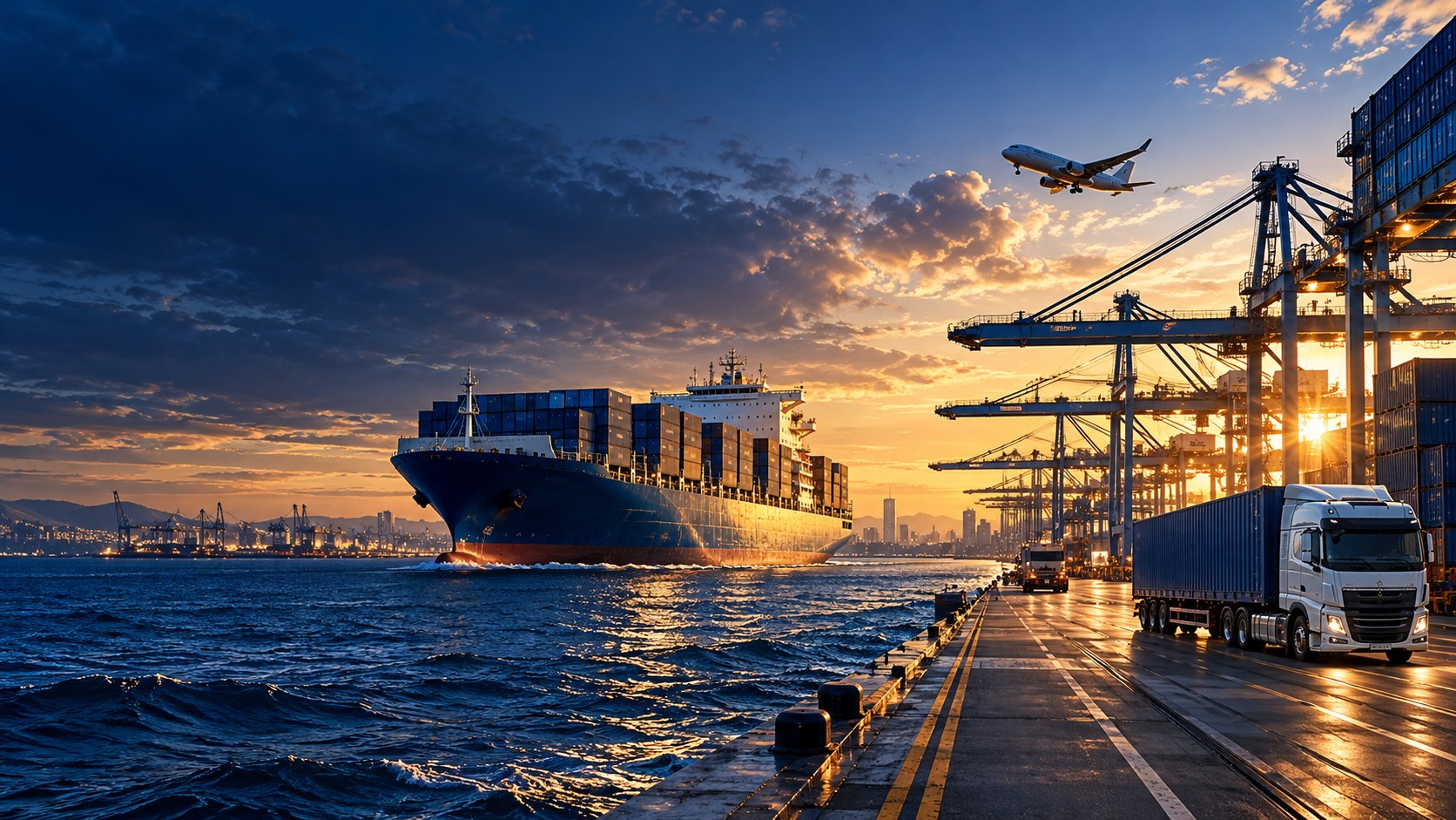 Illustrative international logistics scene showing a container ship, port cranes, cargo aircraft and land transport