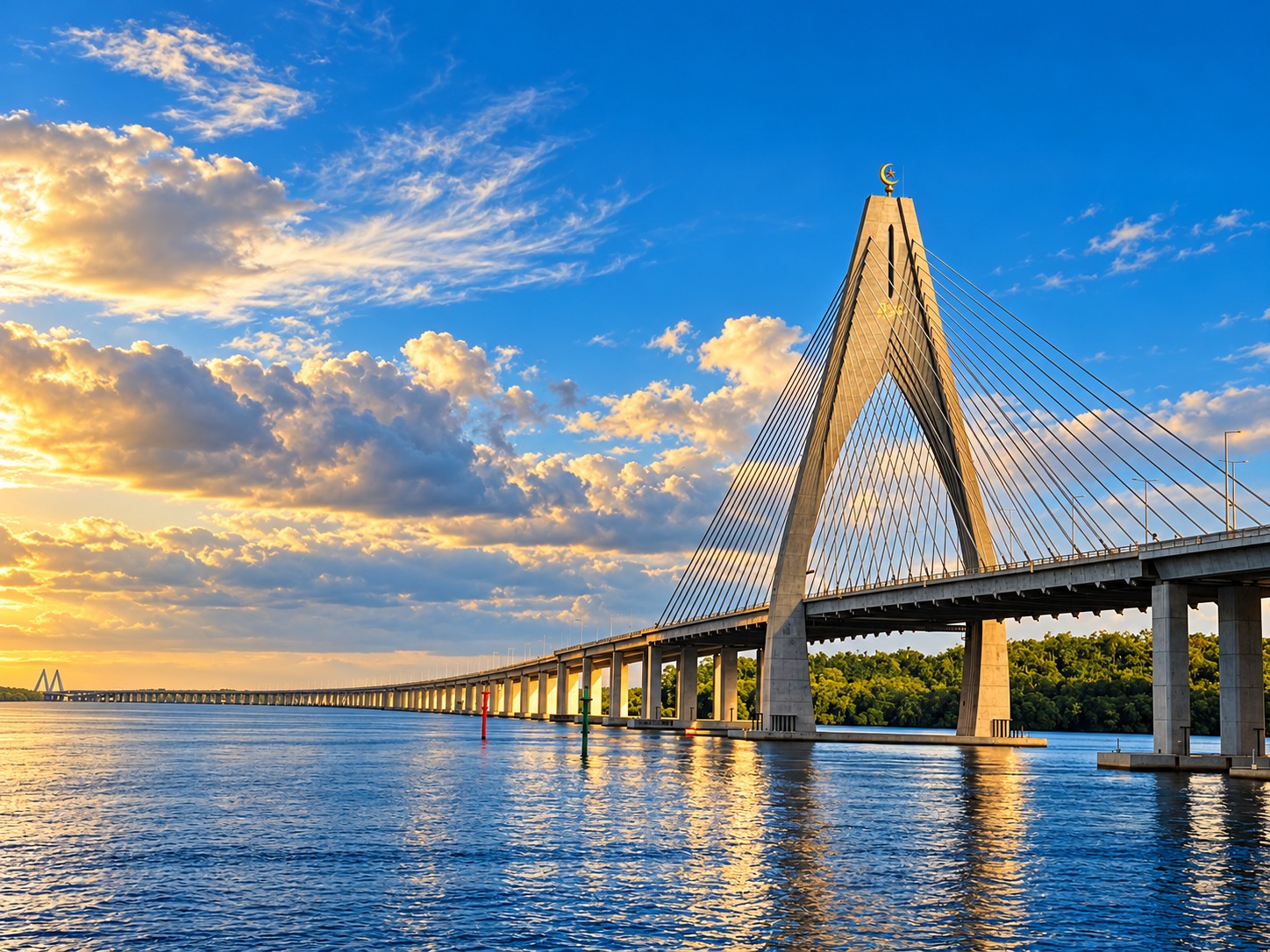 Temburong Bridge in Brunei, with a blue sky and warm gold light